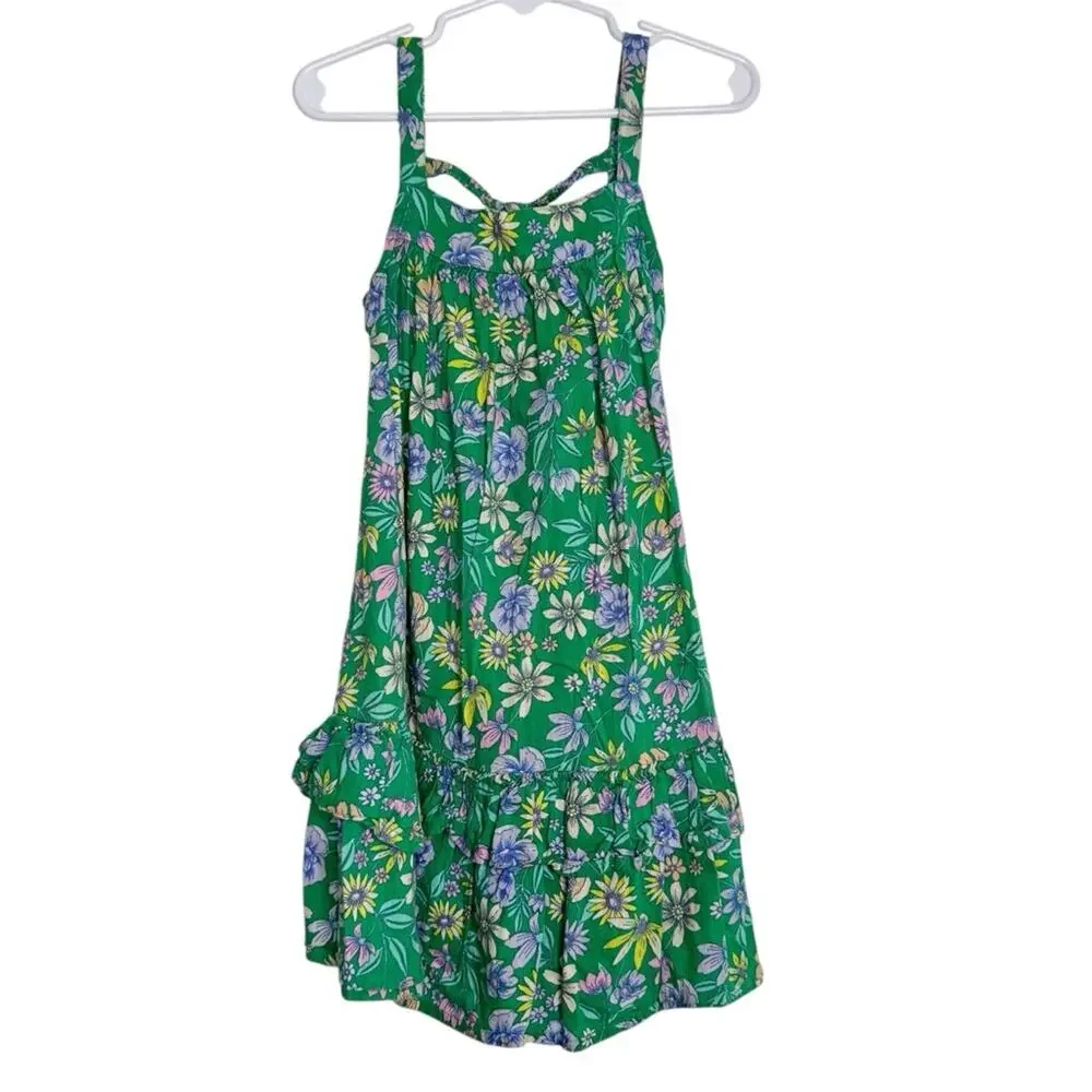 Old Navy Floral Print Knee Length Dress Sleeveless Cotton Blend Ruffled Green 4T